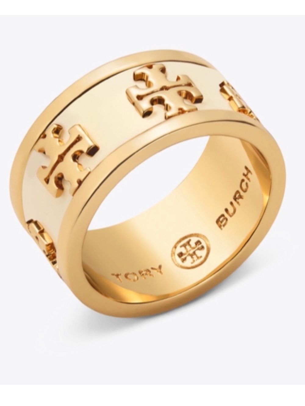 NWT~TORY BURCH~Enameled Raised Logo Ring, Gold/New Ivory